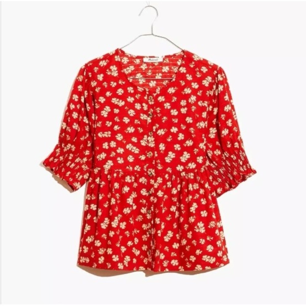 Madewell‎ Floral Peplum Top Womens Large 100% Cotton Red Puff Sleeve